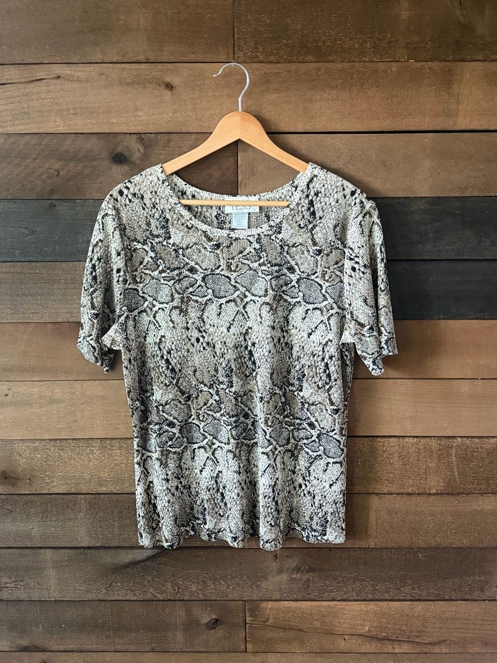 Vintage Y2K Snake Print Crinkle Top Brown Beige Animal Print Stretch Tee